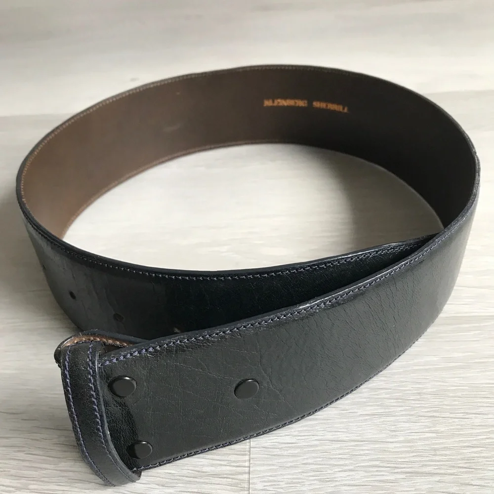 KLEINBERG SHERRILL NAVY WIDE LEATHER BELT NO BUCKLE SMALL